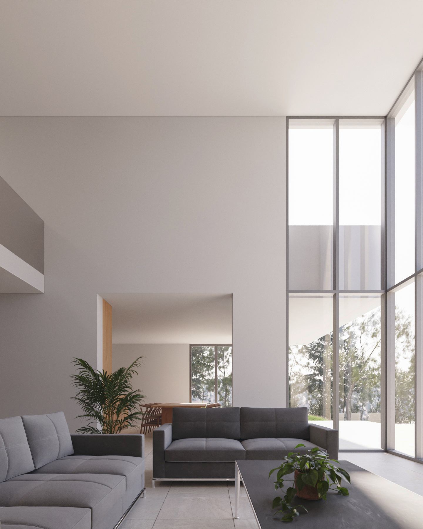 Salón a Doble Altura con Hormigón y Roble