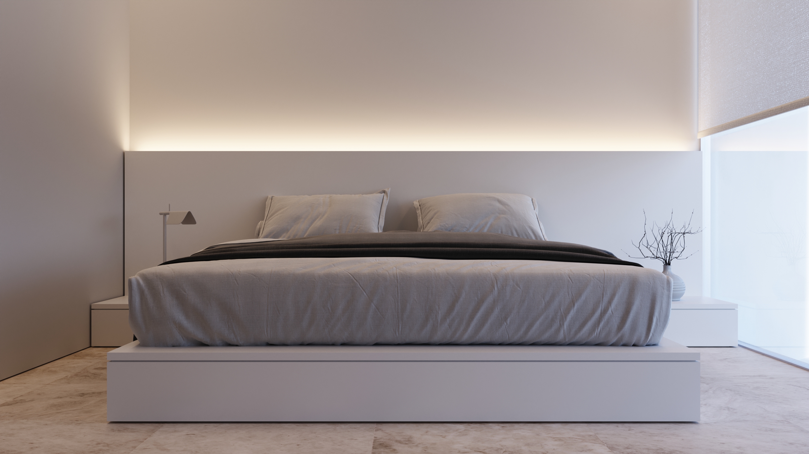 Dormitorio principal con iluminación indirecta y diseño minimalista